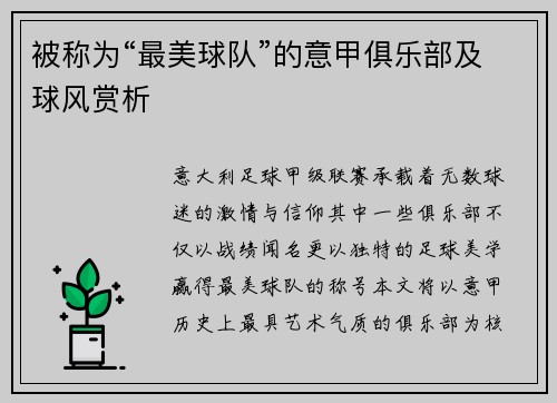 被称为“最美球队”的意甲俱乐部及球风赏析