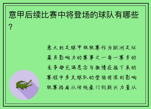意甲后续比赛中将登场的球队有哪些？